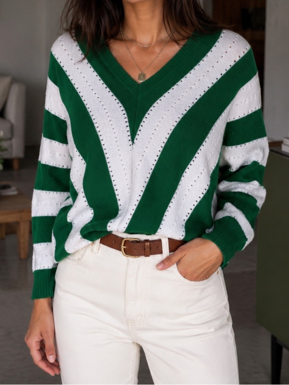 V-Neck Green and White Striped Women's Sweater
